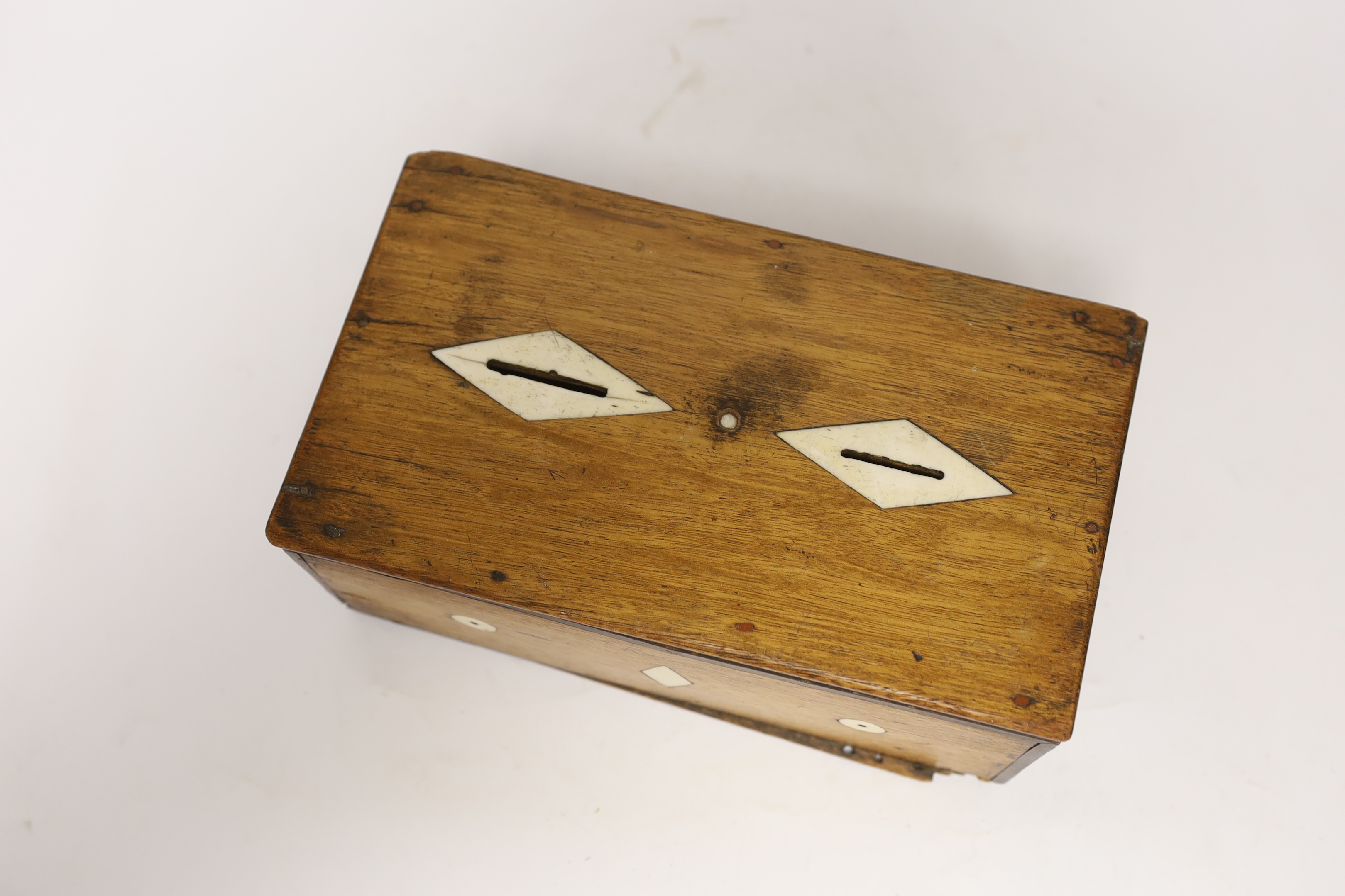 A mahogany church collection box, inlaid with bone, 23 x 13cm